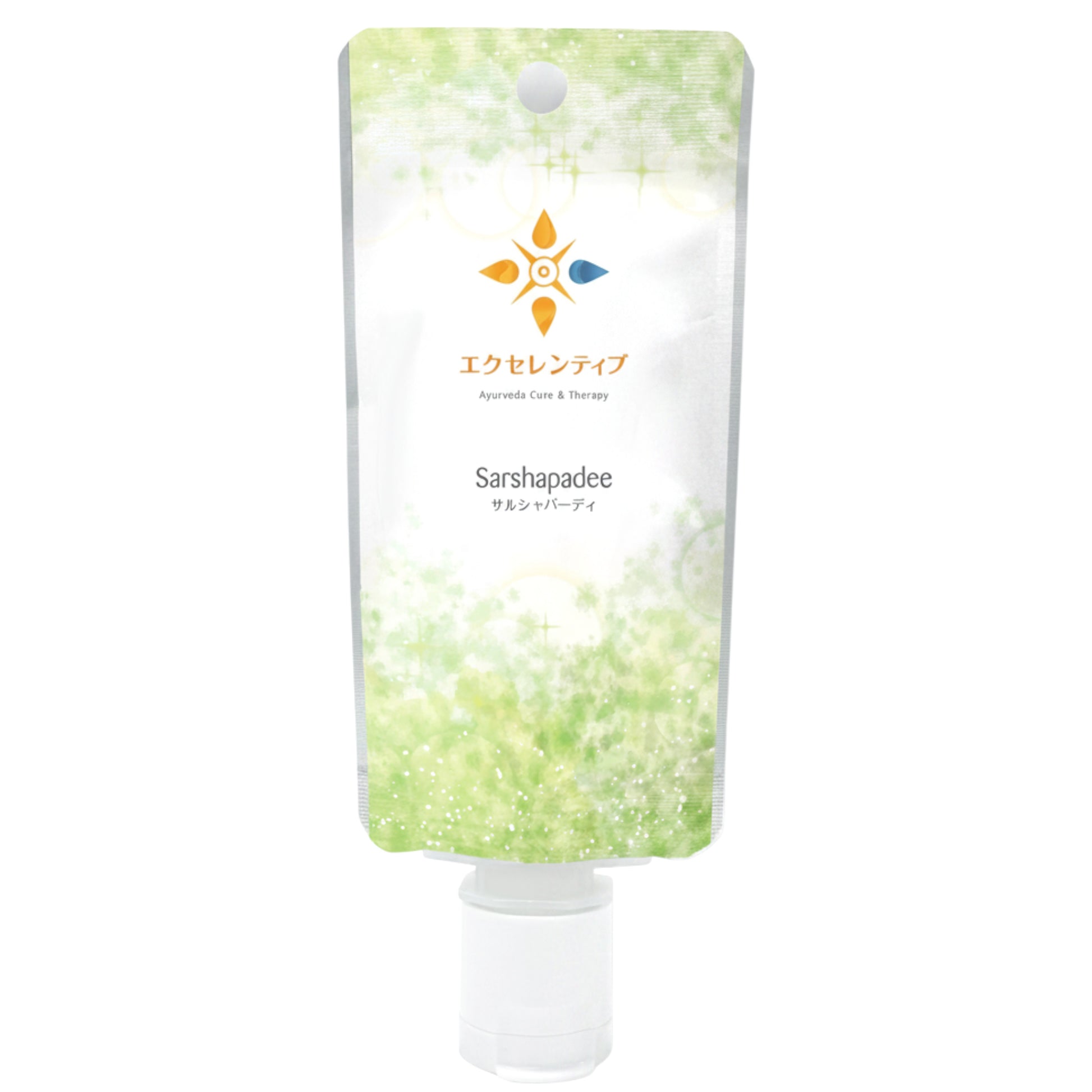 アーユルヴェーダの薬局のLinkナチュラル サルシャパーディ30mL。緑のグラデーションが美しいアーユルヴェーダオイルのパウチ容器