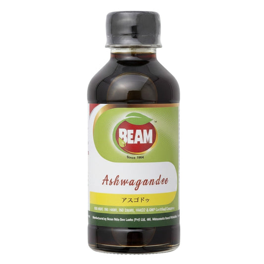 アーユルヴェーダの薬局のBEAMアシュワガンダ180mLボトル。健康サポートのための伝統的なハーブオイル。
