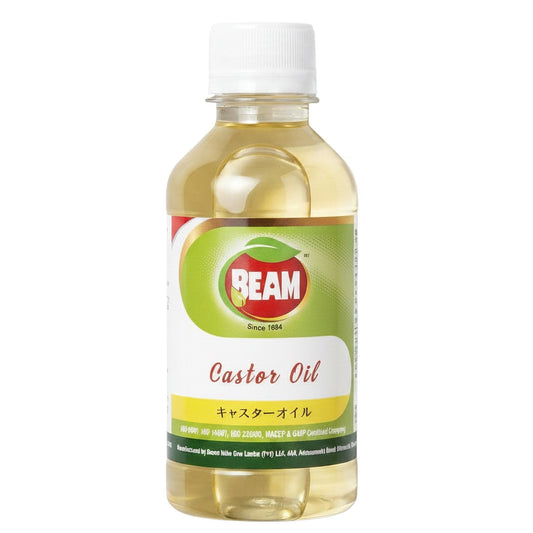 アーユルヴェーダの薬局のBEAMキャスターオイル180ml。保湿力に優れた天然植物性ひまし油で、スキンケアやヘアケアに最適。
