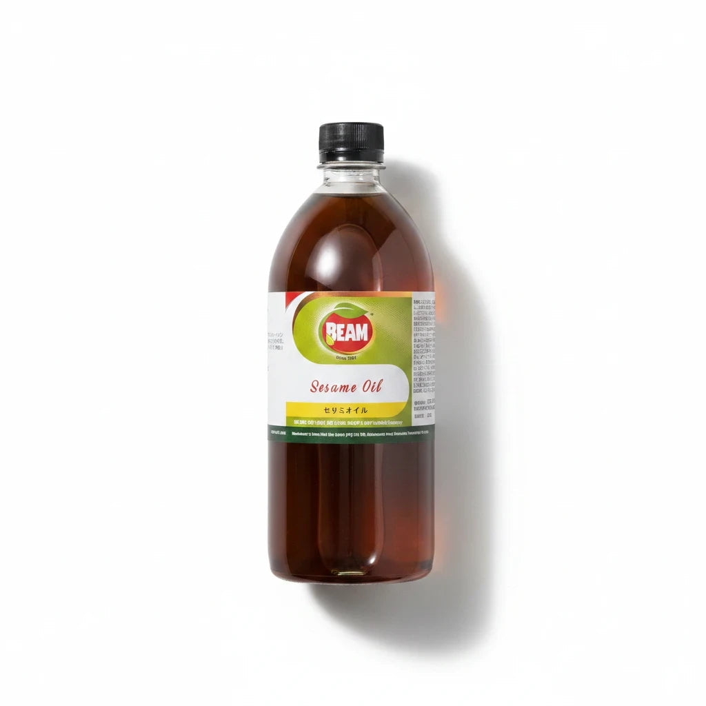 アーユルヴェーダの薬局のBEAMセサミオイル750ml。厳選された胡麻から抽出された風味豊かな万能オイルのボトル。