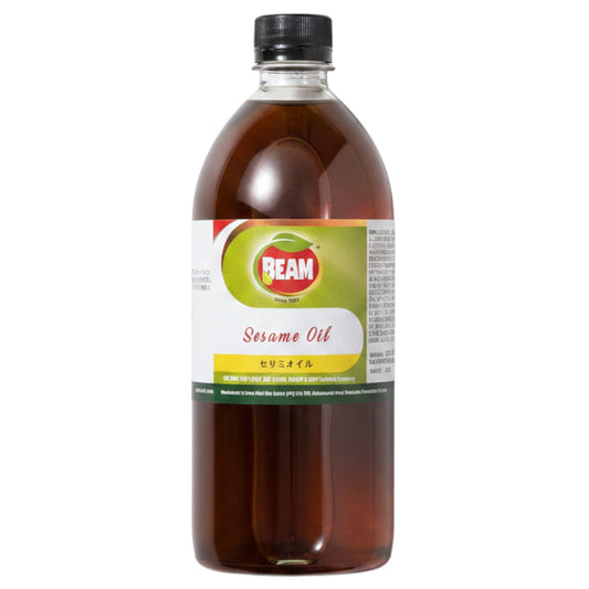 アーユルヴェーダの薬局のBEAMセサミオイル750mlボトル。厳選された胡麻から抽出された風味豊かな万能オイル