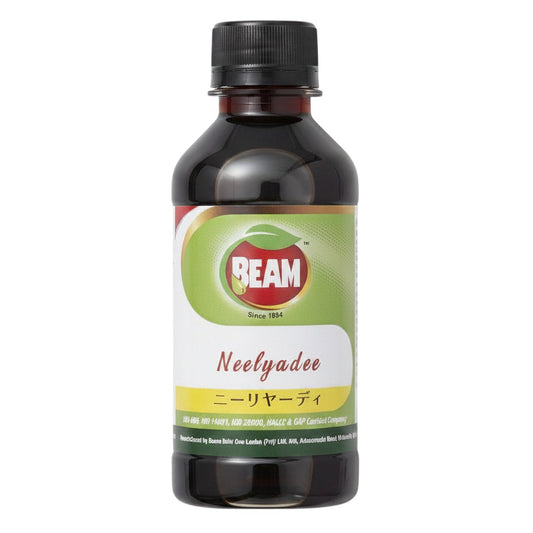 アーユルヴェーダの薬局のBEAM ニーリヤーディ ヘアオイル。180mL入りの茶色の遮光ボトルに入った天然由来成分配合の頭皮ケアオイル