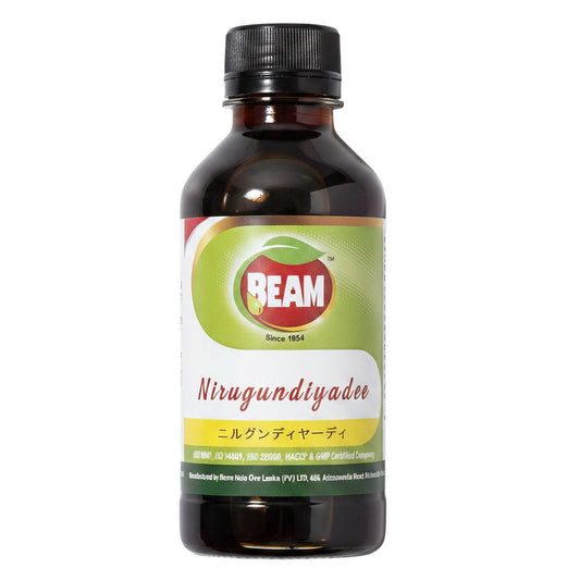 アーユルヴェーダの薬局のBEAMニルグンディヤーディ180mL入り茶色遮光ボトル