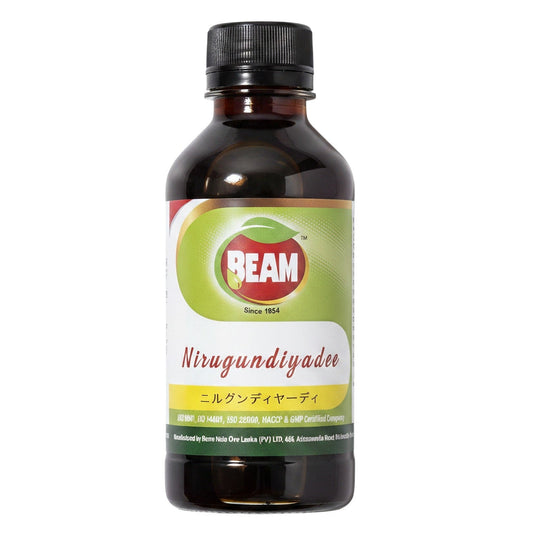 アーユルヴェーダの薬局のBEAMニルグンディヤーディ180mLボトル。伝統的なハーブ成分配合のボディケア用オイル