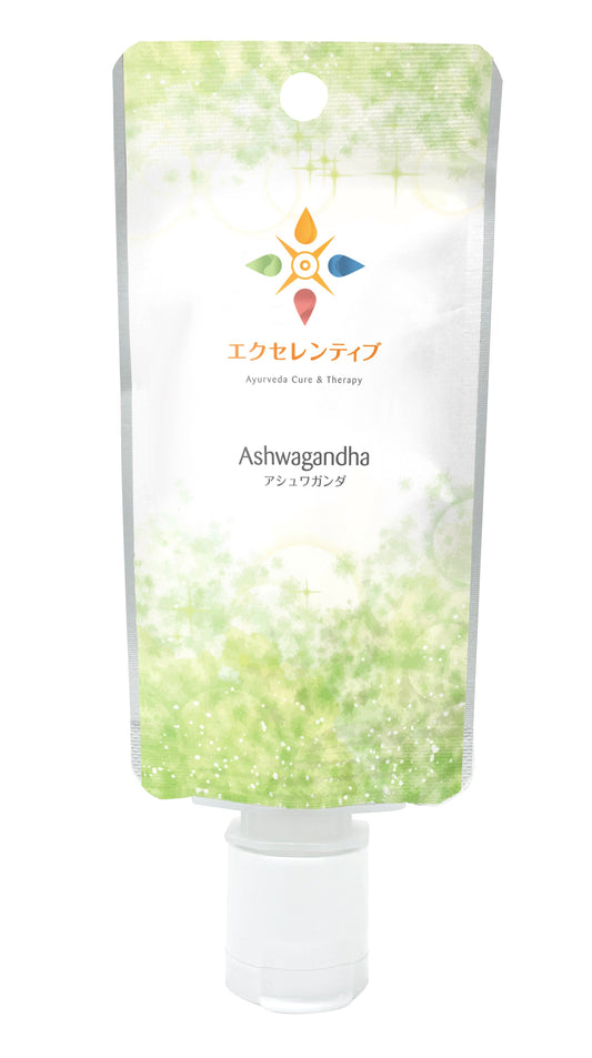 アーユルヴェーダの薬局のLinkナチュラル アシュワガンダ。緑のグラデーションが美しい30mLのパウチ入りオイル